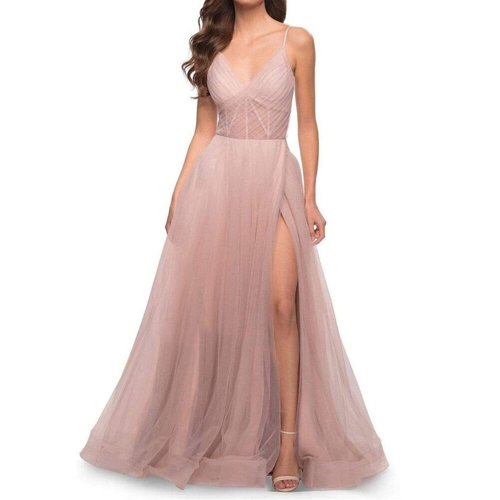 La Femme V-Neck Semi-Sheer Bodice Prom Gown Nwot